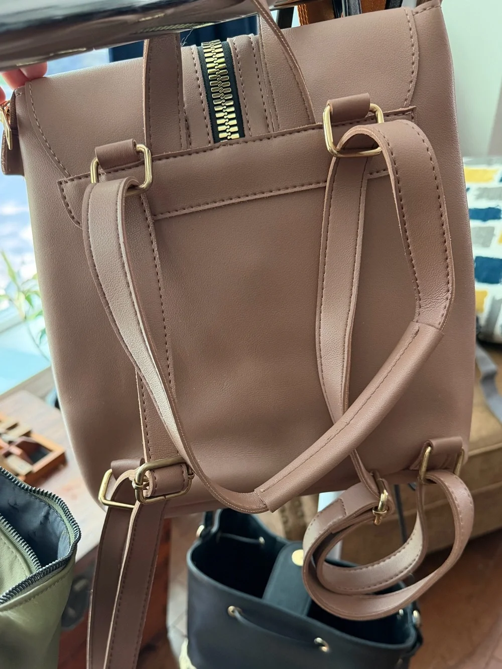Women's Mauve Faux Leather Backpack with Gold Zip Accent - Picture 2 of 4